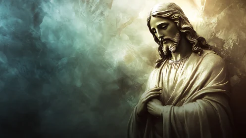 Luminous robed figure in sculptural chiaroscuro atmosphere.