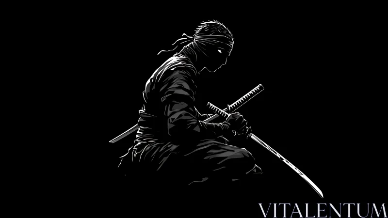 Silent steel breathes while the kneeling ninja counts heartbeats