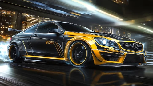 Sleek yellow street racer lighting up the night city roads.