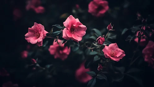 Pink Roses in Darkness. Moody Botanical Study.