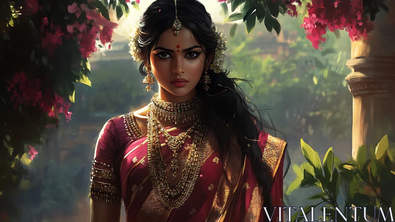 Regal Indian woman stands in lush courtyard wearing red sari