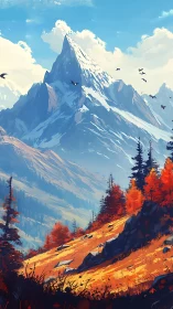 Mountain landscape with snow peak and autumn hillside view.