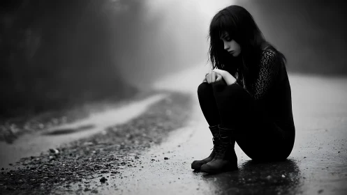 Rain-soaked loner curls into silence on an empty road.