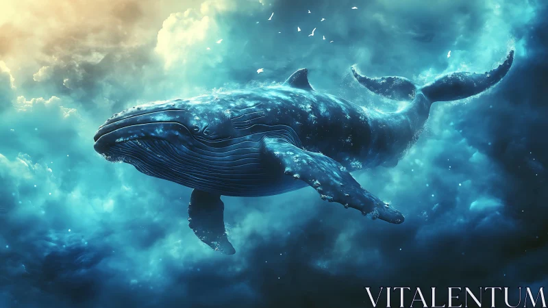Celestial whale drifts through glowing clouds and cosmic seas.
