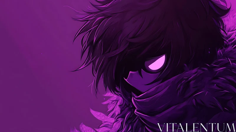 Hooded anime figure glares through violet monochrome haze