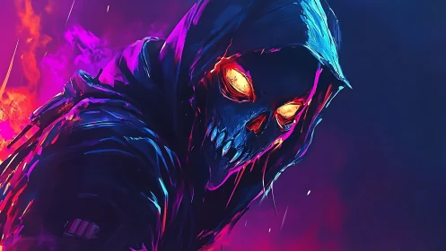Neon hooded reaper glows amid blazing cyberpunk flames.
