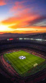 Sunset-streaked sky crowns a glowing championship stadium