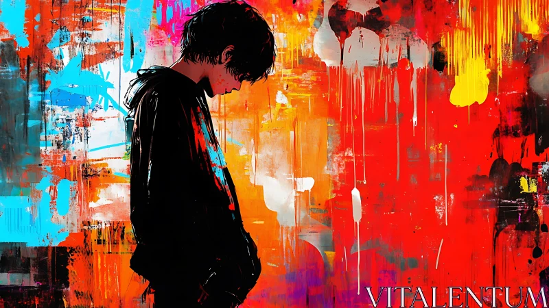 Silhouetted daydreamer bathed in electric street graffiti glow.