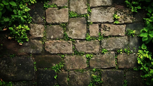 Weathered stone pathway with vibrant moss and foliage accents.