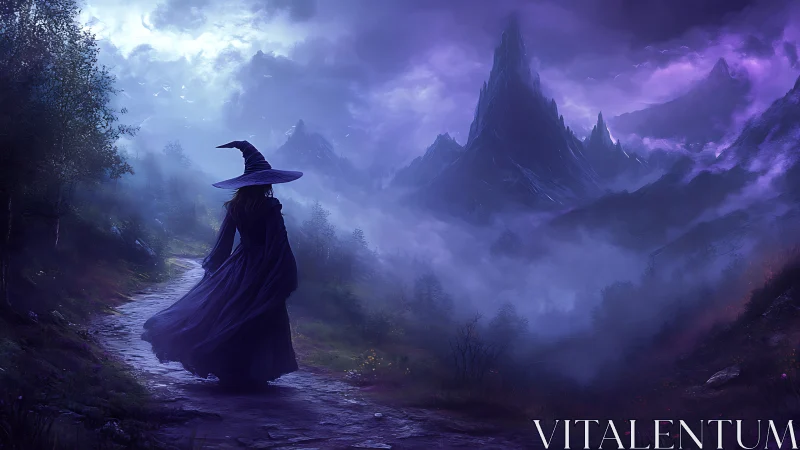 Solitary witch walking toward misty violet mountains.