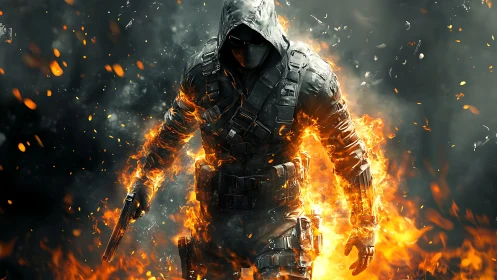Hooded tactical soldier strides through engulfing battlefield flames