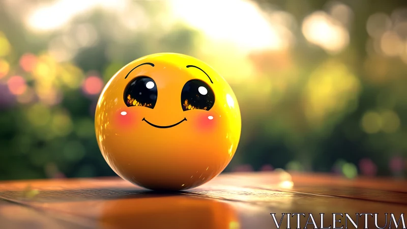 Yellow spherical emoticon on wooden surface outdoors.