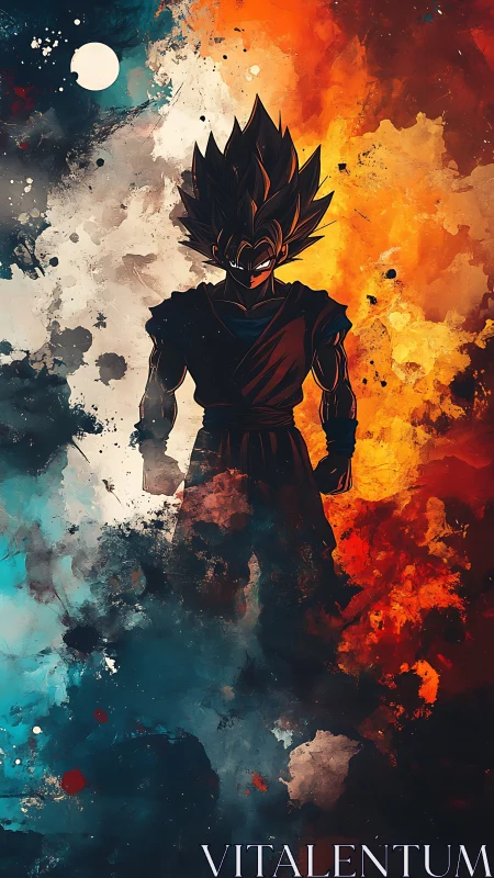 Shadow warrior stands between fire and storm in vivid chaos