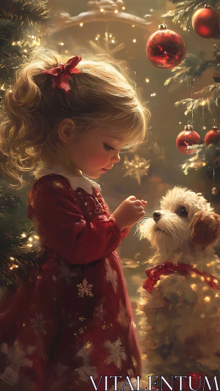 Little girl and puppy share a quiet, glowing Christmas moment