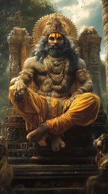 Mythic warrior deity seated on ornate stone throne.