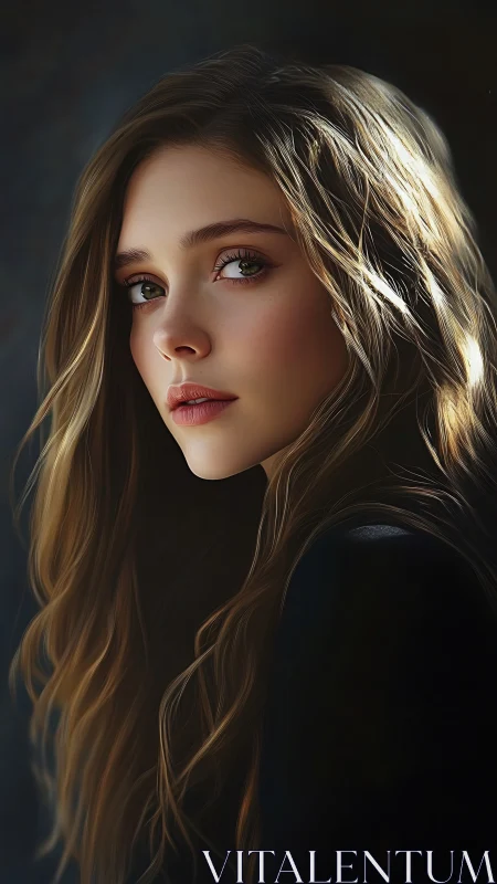 Softly lit portrait of a thoughtful young woman in calm tones.