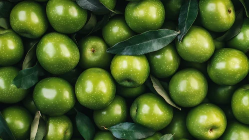 High-resolution close-up of fresh green apples with foliage