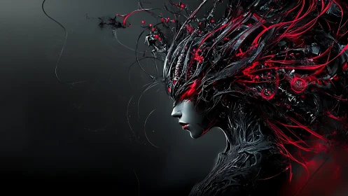 Cyberpunk biomechanoid profile with crimson neural filaments.