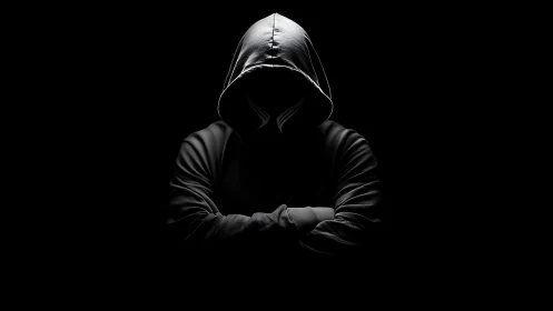 Hooded figure in low key lighting with obscured identity silhouette.