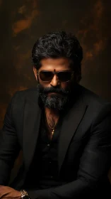 Bearded man in dark suit with sunglasses, studio portrait.