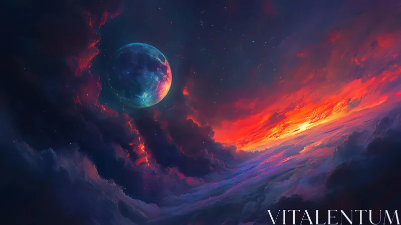 Planet hangs over stormy nebula sky with glowing sunset band