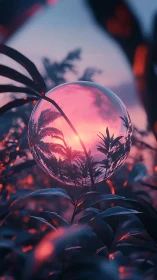Spherical reflection among foliage at sunset in digital render.