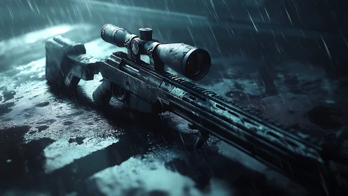 Tactical Rifle With Precision Optics Under Adverse Weather Conditions.
