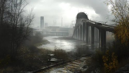 Quiet river beneath a forgotten futuristic viaduct at dusk.