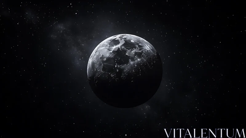 Lunar hemisphere in space with illuminated cratered surface.