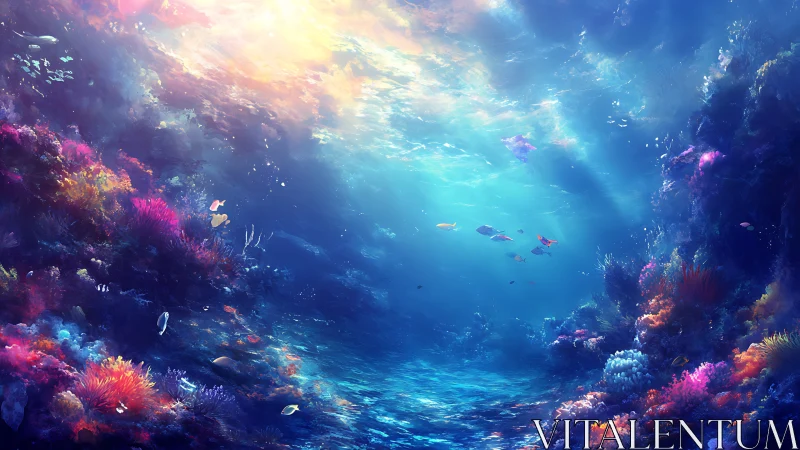 Sunlit coral paradise with gently drifting tropical fish.