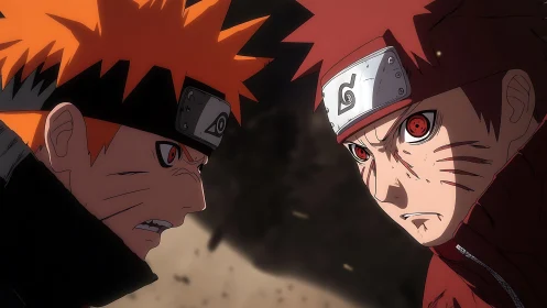 Two fierce ninja rivals lock eyes in a storm of rising dust