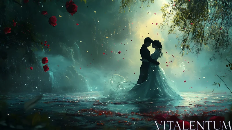 Two silhouetted figures embrace in mist-laden aquatic environment.