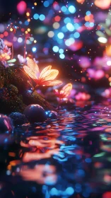 Bioluminescent flowers glow by neon-lit water in macro fantasy