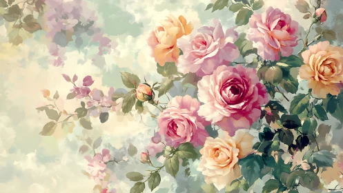 Botanical Illustration. Roses and Foliage with Soft Light