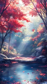 Crimson Forest Stream in Autumn Light.