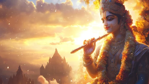 Divine flutist in golden sunset with ornate temple silhouettes.