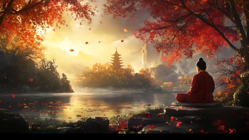 Monk meditates by autumn lake facing distant pagoda at dawn.