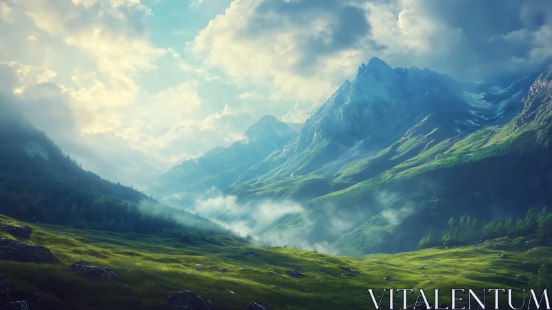 Sunlit alpine valley beneath towering blue mountains.