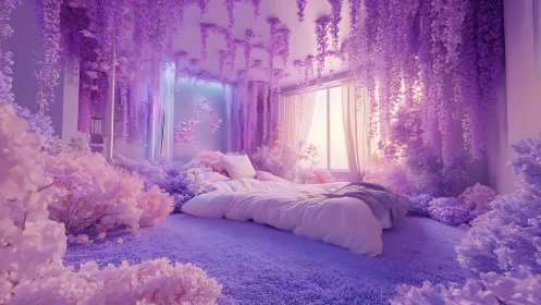 Immersive lavender bedroom oasis with cascading floral canopy