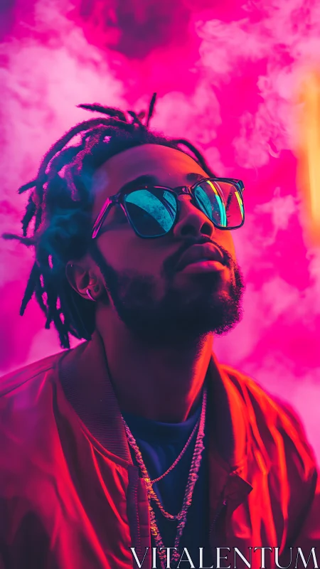 Neon clouds crown a reflective dreamer in electric magenta haze