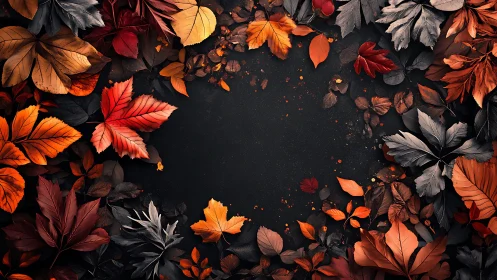 Autumn leaves border framing dark textured background.