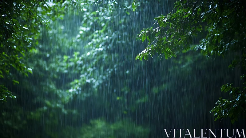 Rain falling through verdant forest canopy creates serene natural beauty