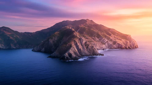 Mountain Isle Basks in Twilight's Dramatic Embrace and Glowing Serenity