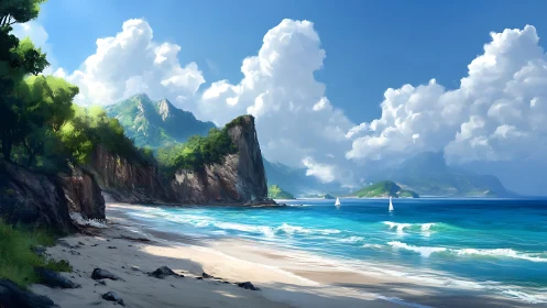 Coastal Landscape with Rocky Cliff, Beach, and Ocean Waters.