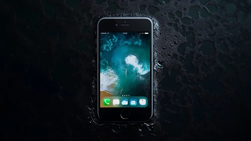 Smartphone displaying aerial coastal photography with water droplets on dark textured surface