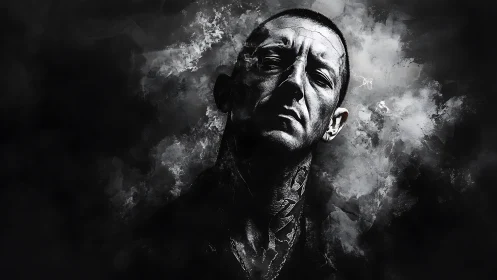 Monochrome male portrait with smoke and abstract textures.