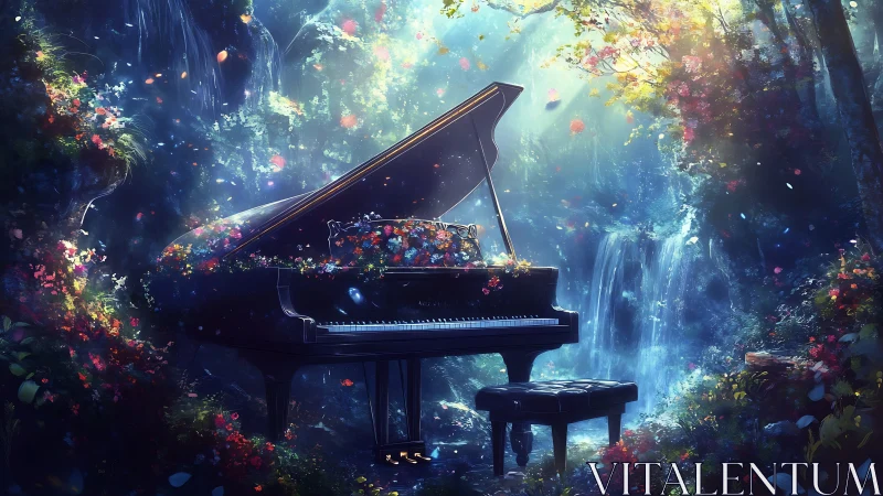 Grand piano in bioluminescent forest glade with cascading waterfall