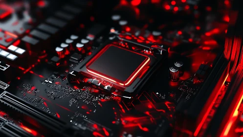 Glowing CPU core on futuristic red illuminated motherboard.