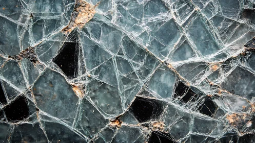 Fractured safety glass sheet with radial crack network and debris