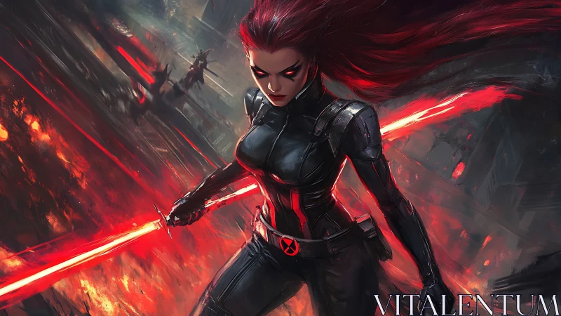 Scarlet-haired cyber warrior wielding twin red blades.